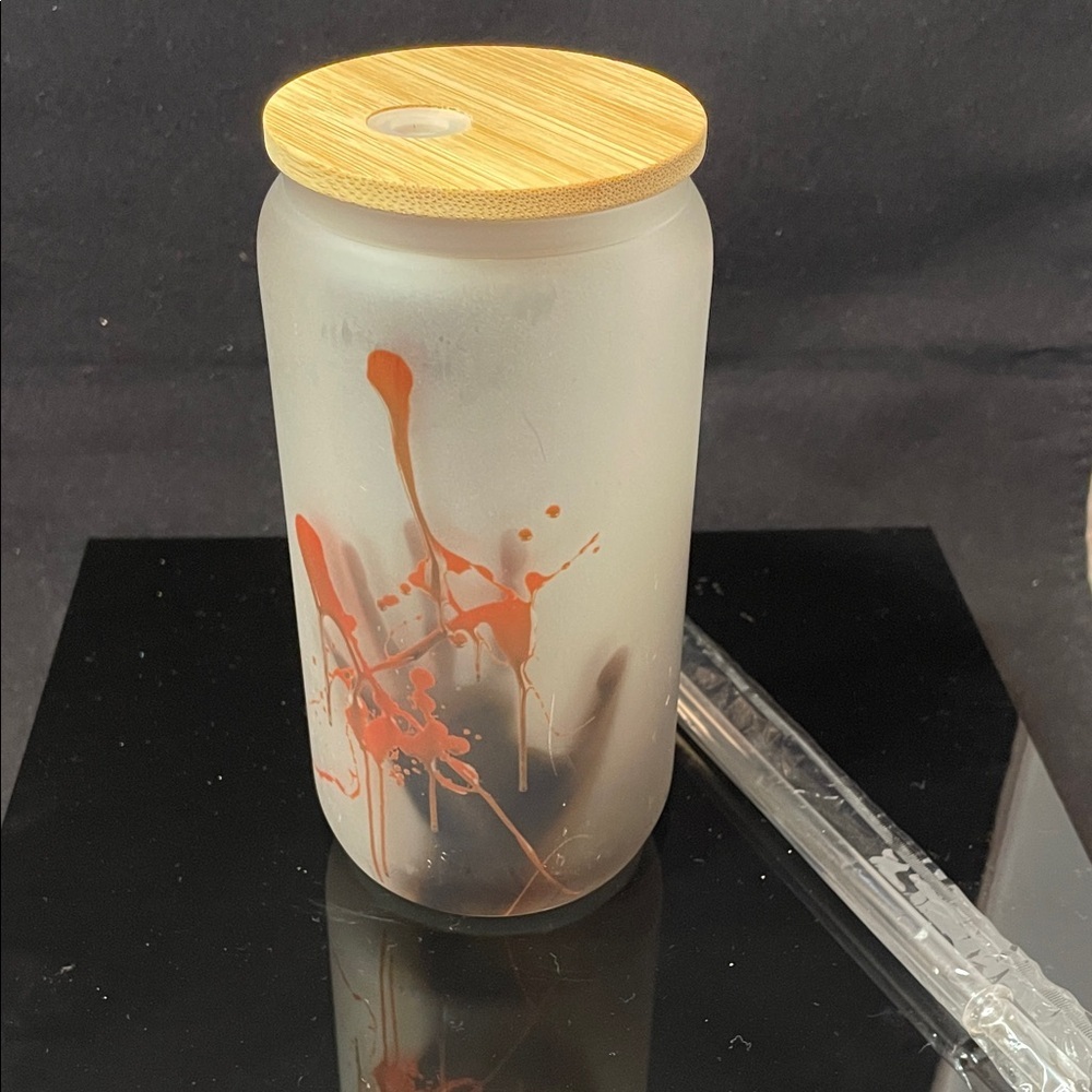 Frosted Glass Glass with Bamboo Lid - Horror Theme Design